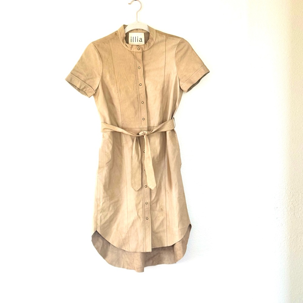 Illia Tan Beige 100% Genuine Leather Dress Belted Snap Front Sheath 6 S *Stains